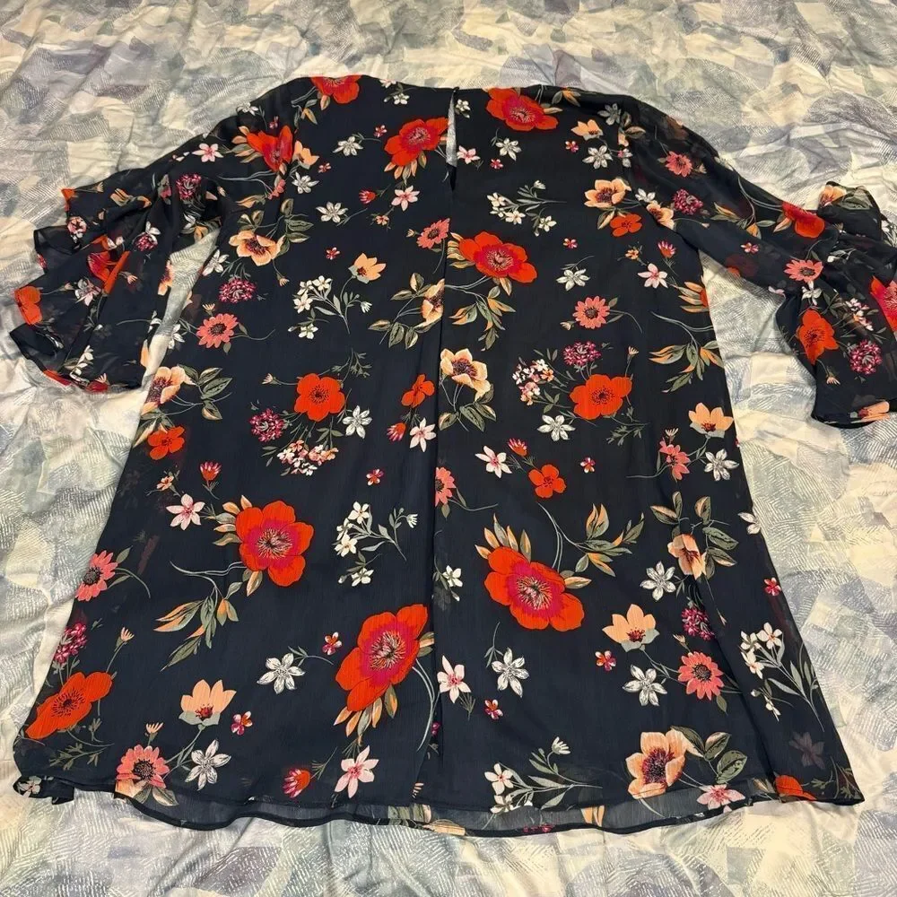 Calvin Klein Plus Size Navy Chiffon 3/4 Sleeve Shift Floral Dress Sz 16W NWOT